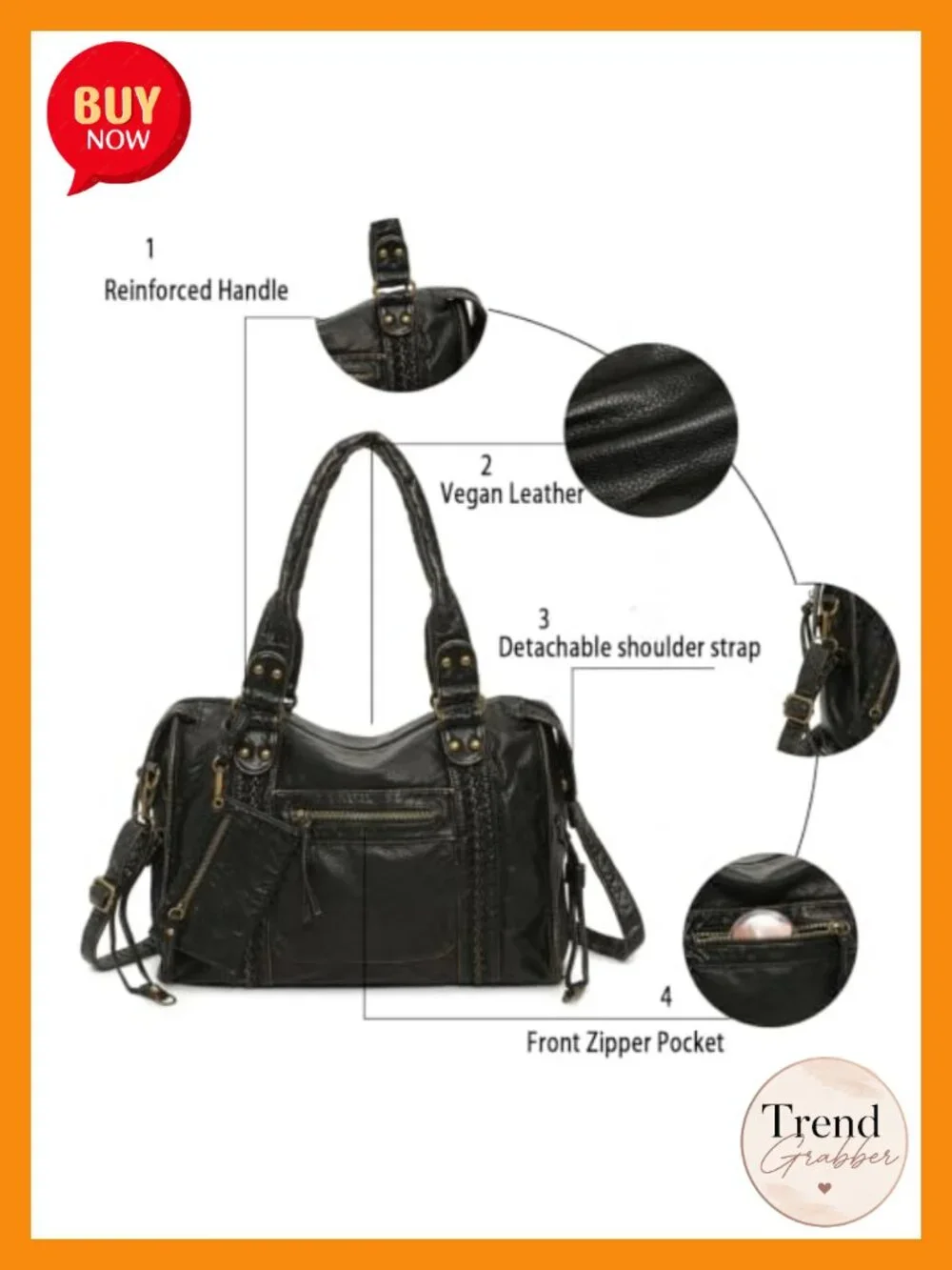 Vegan Leather Hobo Shoulder Bag Tote Y2K Distressed with Detachable Strap